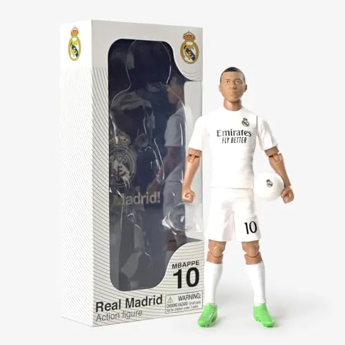 Megableu - Fußballfigur – 20 cm – große Fußballfigur realistisch & beweglich – offizielles Lizenzprodukt – 10 Gelenkpunkte – Fußball Real Madrid – Geschenkidee für Fans Kylian Mbappé