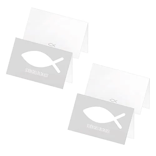 itenga 48 x Tischkarten Platzkarten Namensschild Fisch Kommunion Taufe Konfirmation Jungen Mädchen (Aschgrau)