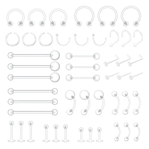 MixPiercing 48 Stück Klare Piercing Retainer aus Kunststoff für Nase Zunge Brustwarze Nippel Bauch Lippen Labret Septum Hoops Ohr Knorpel, Plastik Piercing Platzhalter Schmuck für OP