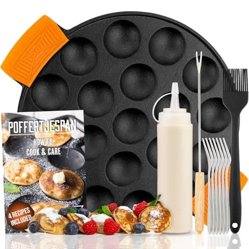 IRONO Poffertjes Pfanne - Gusseisen Mini Pfannkuchen Maker mit Zubehör - Pfannen für alle Wärmequellen, mit der Sie 19 leckere Mini-Pfannkuchen auf einmal zubereiten können. Inklusive Teigflasche, Butterpinsel und Wendegabel für ein komplettes Kocherlebnis!