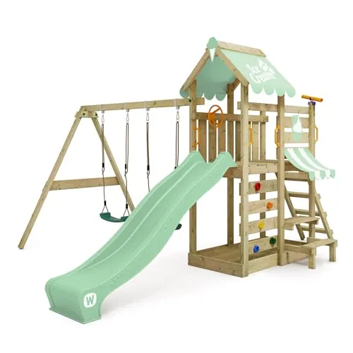 Wickey Spielturm VanillaFlyer – Klettergerüst mit Rutsche, Schaukel & Picknicktisch - Schaukel & Spielturm für Kinder, mit 10 Jahren Garantie und extrem witterungsbeständigem Massivholz – für unvergessliche Erlebnisse im Freien!