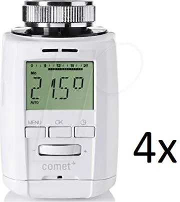 Eurotronic Comet Plus 4er Set 700151, Heizkörperthermostat (individuell programmierbares Heizungsthermostat, Heizkosten sparen, Thermostat Heizung, 4er Bundle), Farbe: Weiß