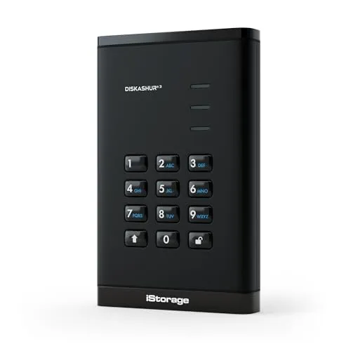 iStorage diskAshur3 HDD 2TB Schwarz – Passwortgeschützte, sichere externe Festplatte - Externe Festplatte mit 2TB, staub- und wasserresistent, bietet AES-XTS 256-Bit-Hardware-Verschlüsselung für maximalen Datenschutz und ist ideal für die Einhaltung von Datenschutzvorschriften.