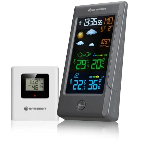 Bresser Wetterstation ClimateTemp NBF - Wetterstation mit Außensensor, DCF-Funkuhr und Farbdisplay. Misst Temperatur und Luftfeuchtigkeit, bietet Frostwarnung und Wettervorhersage für ein optimales Raumklima.
