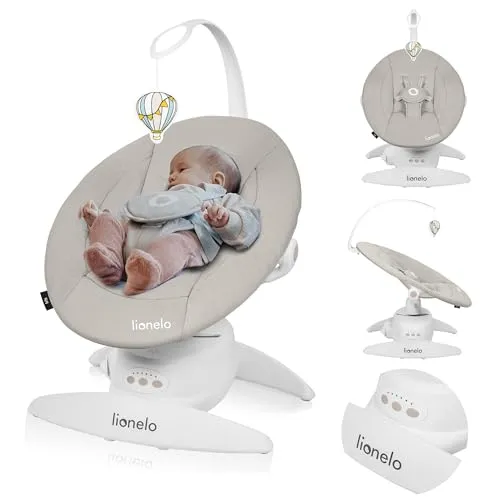 LIONELO Iris Elektrisch Babywippe - 360° drehbar, 5 Wiegegeschwindigkeiten - Babywippe für Babys bis 9 kg mit 360° drehbarem Sitz für ständigen Blickkontakt und 5 Wiegegeschwindigkeiten. Sicherer 5-Punkt-Gurt und 12 Melodien sorgen für Komfort und Sicherheit.