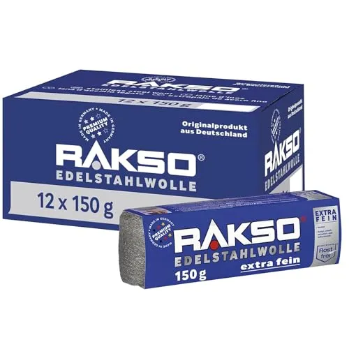 RAKSO Edelstahlwolle extra - fein - 1,8 kg, 12 Banderolen à 150g rostfrei, glättet gerbsäurehaltige Hölzer ohne Blauverfärbung der Maserung