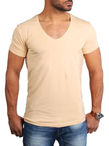Young & Rich Herren Uni T-Shirt Basic mit extra tiefem V-Ausschnitt Slimfit deep V-Neck Stretch dehnbar 1315, Grösse:S, Farbe:Beige
