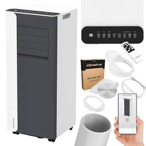 Climative MINI Mobiles Raumklimagerät 2,6 kW - Klimaanlage für Räume bis 26 m², mit WiFi-Steuerung und leisen 29 dB – ideal für Schlafzimmer und Büros. 3-in-1-Funktion: Kühlen, Entfeuchten, Ventilieren.