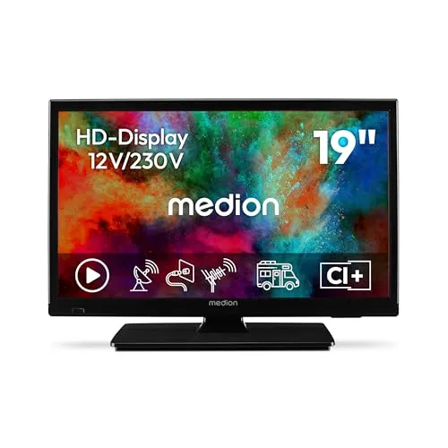 MEDION 19 Zoll HD Fernseher - Ideal für Camping und unterwegs - Kompakter 19 Zoll-Fernseher mit HD-Auflösung, 12V Car-Adapter und Triple Tuner für flexibles Fernsehen unterwegs. Genießen Sie Videos und Fotos bequem mit dem integrierten Mediaplayer.