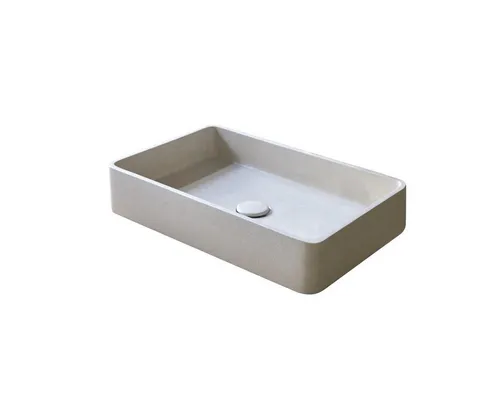 Tikamoon Iris Waschbecken aus cremefarbenem Terrazzo - Elegantes Rechteck-Waschbecken aus cremefarbenem Terrazzo mit abgerundeten Rändern. Ideal für stilvolle Badezimmer, inklusive passender Ablaufabdeckung und einfacher Installation.