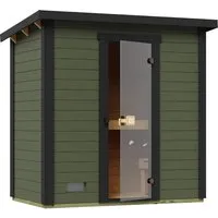 Weka Saunahaus Kaapi 1 mit Kompakt-Ofen 9,0 kW - Kompakte Sauna für Balkon oder Terrasse, ideal für entspannende Saunagänge. Inklusive Ofen-Set mit Diabas-Saunasteinen und wetterfester graugrüner Lasur für sofortigen Genuss.