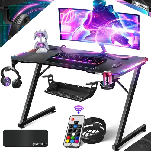 KESSER® Gaming Tisch LED 100cm x 60cm - Ergonomischer Z-Form Gamer Schreibtisch - Schreibtisch mit Kohlefaser-Oberfläche, stabilen Z-Beinen und integriertem Getränkehalter für ein optimales Gaming-Erlebnis.