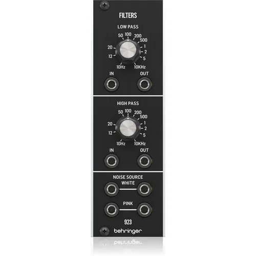 Behringer 923 Filters / Noise - Eurorack-Modul für Synthesizer, kombiniert Lowpass- und Highpass-Filter mit rosa und weißem Rauschen für kreative Klanggestaltung.