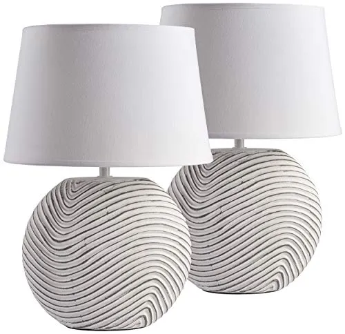 BRUBAKER 2er Set Tisch- oder Nachttischlampen - Zen Garden Design - Tischlampen im 2er Set mit elegantem weiß-grauen Keramikfuß und modernem Stoffschirm, ideal für ein gemütliches Ambiente in Ihrem Zuhause.
