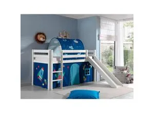 Vipack Spielbett Pino mit Rutsche und Vorhang - Hochbett aus massivem Kiefernholz, weiß lackiert, mit abnehmbarem Baumwollvorhang im Dessin Astro – ideal für kreatives Spielen und entspannten Schlaf.