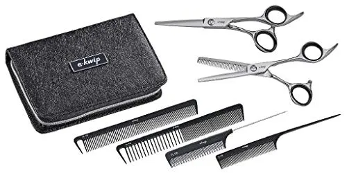 e-kwip Scheren Starter Set 2.0 - Haarschneider Set mit ergonomischem Griff für entspanntes Schneiden, inklusive Schneideschere, Modellierschere und 4 Silikon Kämmen.