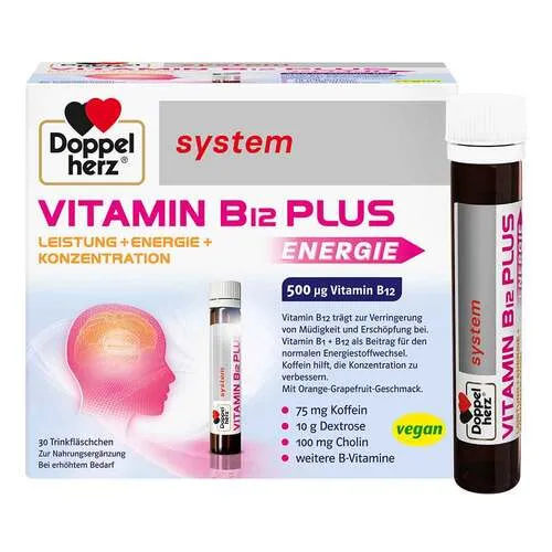 Doppelherz system Vitamin B12 Plus Trinkampullen 750 ml - Nahrungsergänzungsmittel mit B-Vitaminen und Cholin in praktischen Trinkampullen. Liefert schnell Energie, verbessert die Konzentration und hat einen leckeren Orange-Grapefruit-Geschmack. Ideal für unterwegs!
