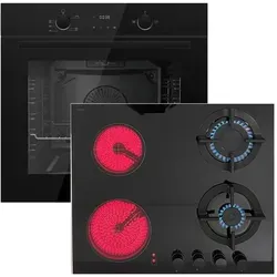 Gasline Einbau Gasherdset GB850-FIB Autark mit Einbaubackofen Gasherd Umluft 69 Liter und Kochfeld Hybrid Kombi Glas Gas Elektro 60cm Erdgas/ Propan - Schwarz