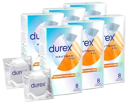 Durex Hautnah XXL Kondome – Ultra dünn & anatomische Easy-On-Form - Kondome für Männer, ultra dünn für maximales Gefühl, mit Silikongleitgel befeuchtet und perfekt für große Passform (60 mm) – für sicheren und angenehmen Sex.