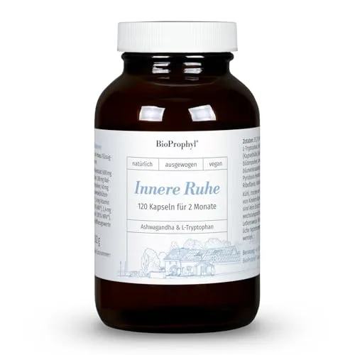 BioProphyl® Innere Ruhe mit Ashwaghanda 5% Withanoliden, Baldrian, Hopfen und Lavendel + L-Tryptophan und B-Vitaminen zur Unterstützung der Psyche - 120 pflanzliche Kapseln - 100% vegan