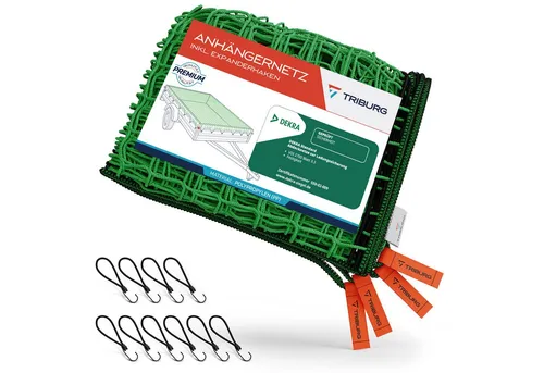 TRIBURG Anhängernetz [DEKRA Geprüft] mit Randverstärkung - Anhängernetz mit Randverstärkung und inkludierten Expanderhaken für zuverlässige Ladungssicherung. Ideal für Gartenabfälle, Baumaterialien und mehr – schützt Ihre Ladung optimal!