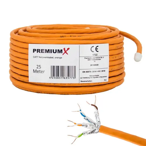 PremiumX 25m CAT 7 Netzwerkkabel - Netzwerkkabel für hohe Übertragungsgeschwindigkeiten, ideal für 10 Gigabit Ethernet und zukunftssichere Multimedia-Anwendungen. Doppelte Schirmung sorgt für minimale Störungen.