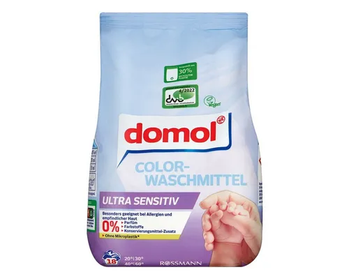 Domol ultra sensitiv Colorwaschmittel 1,2 kg - Hochwertiges Colorwaschmittel für 18 Waschladungen, ideal für empfindliche Haut. Frei von Parfüm und Farbstoffen, sorgt für strahlende Farben und saubere Wäsche bei 20 - 60 °C.