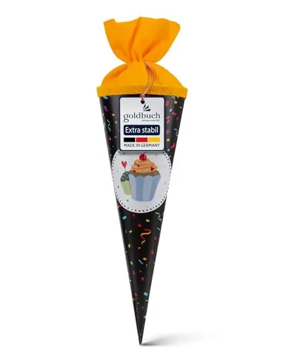 goldbuch 93 214 Geschwistertüte Konfetti, Schultüte mit Muffin-Motiv, Lackkarton, Geschenkverpackung, gelber Filzverschluss (ohne Verschlussband), Zuckertüte rund, Länge 35 cm, Ø 11,5 cm, Schwarz