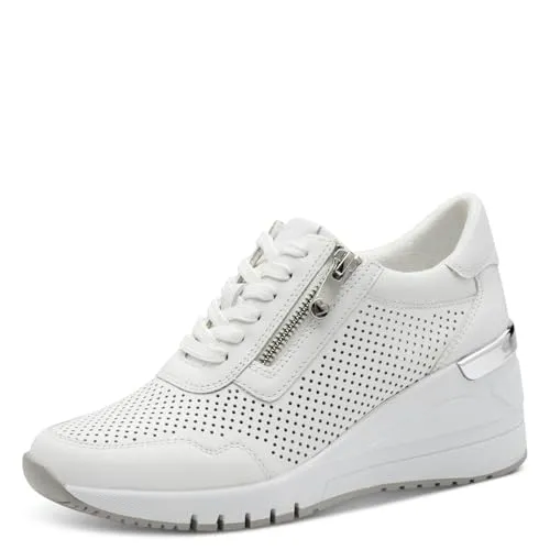 Marco Tozzi Damen Sneaker mit Feel Me Wechselfußbett - Modischer Sneaker in Weiß/Silber mit weichem Innenfutter und praktischem Reißverschluss. Das Wechselfußbett sorgt für individuellen Komfort, ideal für frische Frühlingstage oder den Sommer.