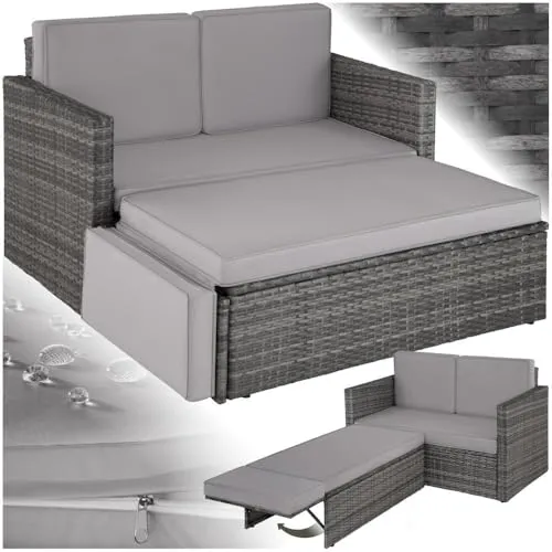 tectake Sofa Set - 2 Sitzer mit Hocker und Schlaffunktion - Wetterfestes Gartenmöbel-Set mit klappbarem Hocker, ideal für Balkon und Garten. Pflegeleicht und flexibel kombinierbar für maximalen Komfort.