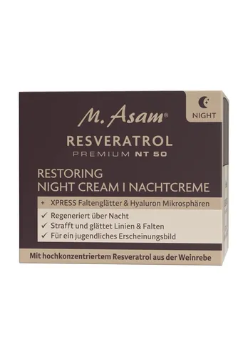 M. Asam Resveratrol Premium NT50 Lifting Nachtcreme 50 ml - Anti-Faltenprodukte für alle Hauttypen, mit Hyaluronsäure für intensive Feuchtigkeit und Straffung, ideal für eine jugendliche Haut über Nacht.