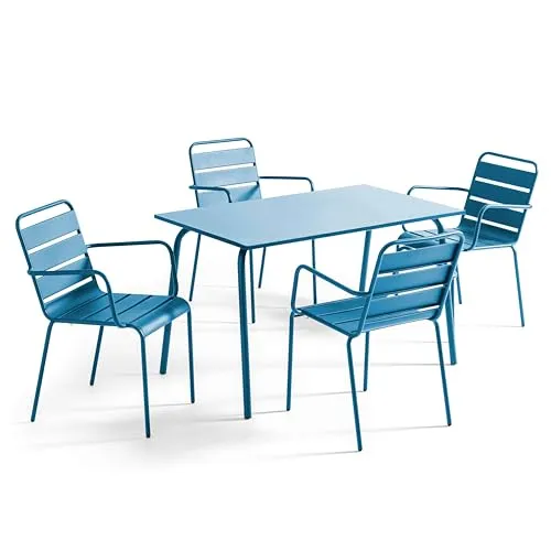 Gartentisch mit 4 Plätzen aus Metall Pazifisch blau - Oviala Palavas - Gartenmöbel-Set aus pulverbeschichtetem Stahl, langlebig und wetterbeständig. Ideal für drinnen und draußen, mit minimalistischem Design für jeden Stil.