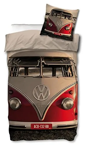 VW Bulli Bettwäsche T1 Rot 135x200 cm - Bettbezüge für VW-Fans, aus 100% Baumwolle in Linon-Qualität, mit hautfreundlichem Reißverschluss für optimalen Schlafkomfort.