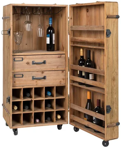 Dutchbone Weinschrank LICO - Barschrank für Weinliebhaber - Weinregal aus Tannenholz mit Vintage Finish, bietet Platz für 15 Flaschen, 4 Weingläser und 2 Schubläden - der perfekte Begleiter für genussvolle Abende!