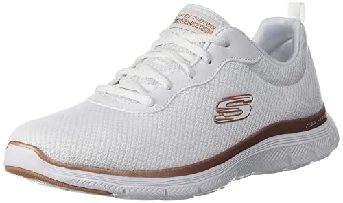 Skechers Flex Appeal 4.0 - Brilliant View - Weiß/Rose Gold - Sneaker mit atmungsaktivem Mesh-Obermaterial und gepolsterter Air-Cooled Memory Foam Sohle für optimalen Komfort. Ideal für Alltag und sportliche Aktivitäten, maschinenwaschbar für einfache Pflege.