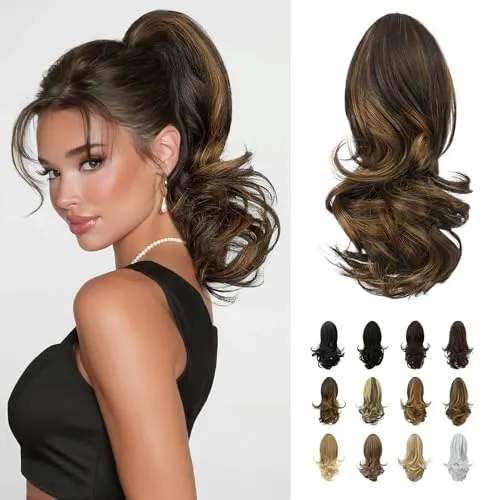 Sofeiyan 33cm Pferdeschwanzverlängerung Langer lockiger Pferdeschwanz Clip in Klaue Haarverlängerung Natürlich aussehendes synthetisches Haarteil für Frauen, Dunkelbraun/Golden Auburn