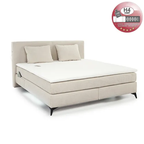 Boxspringbett 180x200 cm mit H4 Federkernmatratzen und Topper in Beige - Modernes Boxspringbett 180x200 cm mit 2 hochwertigen 7-Zonen-Federkernmatratzen und Kaltschaumtopper für optimalen Liegekomfort. USB-Ladeports und LED-Beleuchtung sorgen für zusätzlichen Komfort.