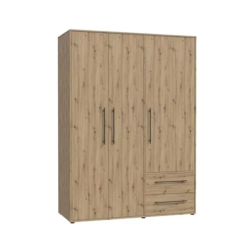 FORTE Drehtürenschrank MOKKARIS, 3 Türen & 2 Schubladen - Kleiderschrank in Artisan Eiche Dekor, bietet optimalen Stauraum mit 3 Einlegeböden und 1 Kleiderstange für Ihre Kleidung. Ideal für jeden Raum!