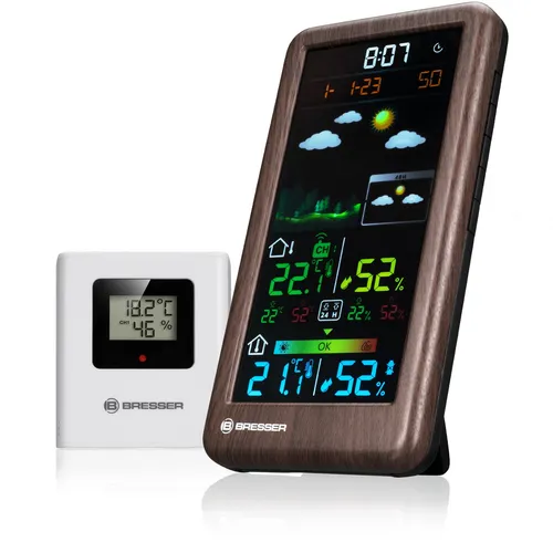 BRESSER Funkwetterstation Neomeo V in Holzoptik - Wettersensor mit grafischer Wettervorhersage für 24 und 48 Stunden, Temperatur- und Luftfeuchtigkeitsanzeige sowie Frostwarnung – ideal für Zuhause und Garten!