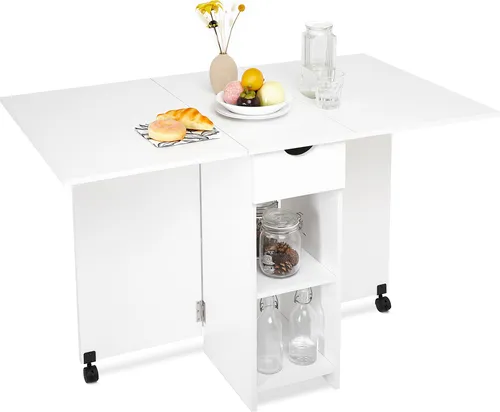 Mondeer Klappbarer Esstisch mit Schublade und Lagerregalen - Platzsparender Esstisch für 1-6 Personen, aus langlebiger E1-Spanplatte, ideal für kleine Räume und vielseitig einsetzbar.