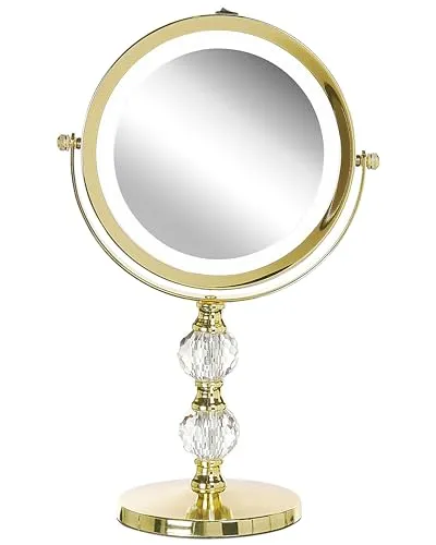 Schminkspiegel Gold doppelseitig drehbar mit LED Beleuchtung - Kosmetikspiegel mit normalem und fünffach vergrößertem Spiegelbild, ausgestattet mit praktischer LED-Beleuchtung für perfekte Lichtverhältnisse – ideal für Ihr Make-up!