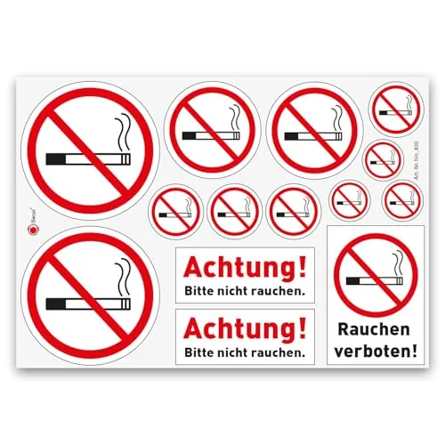 iSecur Rauchen verboten - Aufkleber Set mit 14 Verbotsaufkleber "Rauchen verboten" I Rauchverbot Symbole I Warnhinweis I UV-Schutz wetterfest I hin830