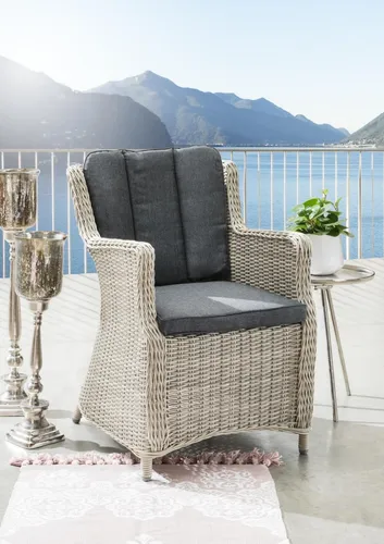Destiny Gartensessel Luna 2er Set - Essstühle aus witterungsbeständigem Polyrattan und Aluminium, inklusive komfortabler Sitz- und Rückenkissen in Anthrazit für stilvolle Entspannung im Freien.