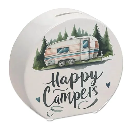 Happy Campers Wohnwagen Spardose Hintergrund Natur Text Froh wie EIN Camper im Campingwagen-Design