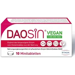DAOSiN Vegan Tabletten zur Unterstützung des Histaminabbaus – 1 x 10 Tabletten - Praktische Tabletten zur Einnahme vor histaminhaltigen Mahlzeiten. Enthalten pflanzliches Enzym zur Unterstützung der Verdauung. Hohe Enzymaktivität und garantierte Stabilität durch innovative Verpackung.