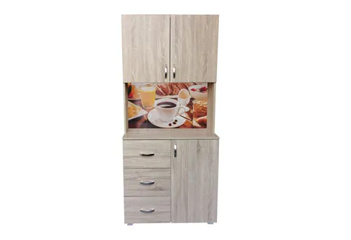 HTI-Living Küchenbuffet Blanca Bistro mit 3 Schubladen - Buffetschrank in zeitlosem Design, mit auffälliger Küchenmotiv-Rückwand, bietet 5 Regalfächer und 3 Schubladen für optimale Stauraumlösungen in Küche und Esszimmer.