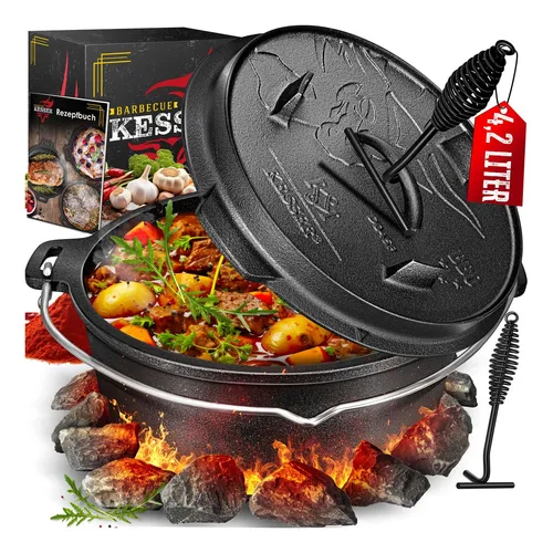 KESSER® Dutch Oven Set BBQ Feuertopf - Grillzubehör: Hochwertiger Gusseisen Topf mit hitzebeständigem Deckelheber und großem Fassungsvermögen – ideal für Outdoor- und Indoor-Kochen.