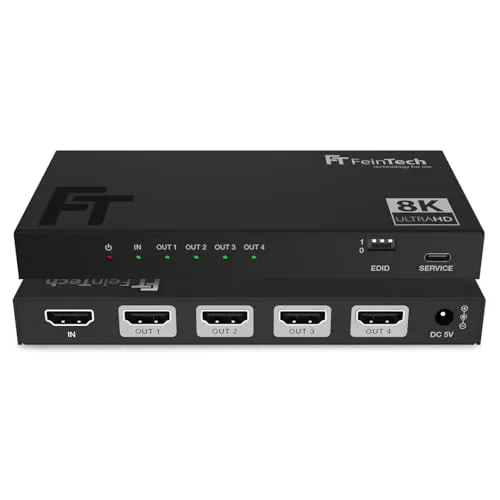 FeinTech HDMI-Splitter SP410 1 in 4 out - HDMI 2.1 Adapter für 4K 120Hz & 8K 60Hz, ermöglicht gleichzeitig den Anschluss von bis zu 4 Geräten, ideal für Gaming und Home-Entertainment.