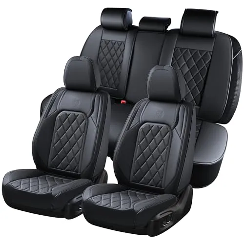 Coverado Sitzbezüge Vorne und Hinten 5 Stück, Auto-Sitzbezüge Set Universal Nappa Leder Kompatibel mit Den Meisten Limousinen SUV Pick-up Truck, TypeA Schwarz