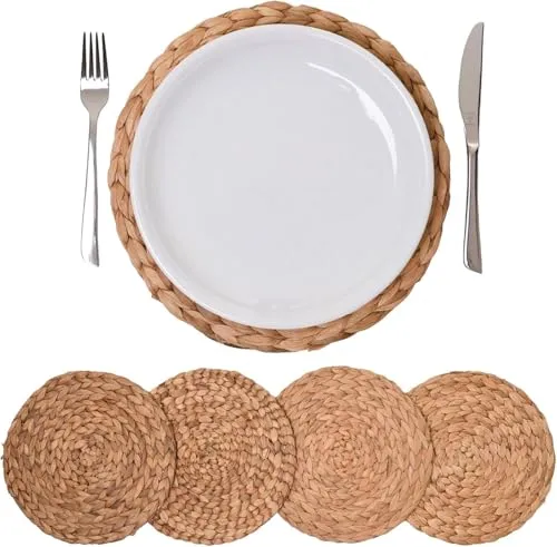 VIVANNO Ilana Platzsets 4er Set - Runde Tischuntersetzer aus Wasserhyazinthe - Elegante 4er Set Tischuntersetzer aus 100% Wasserhyazinthe, Durchmesser 30 cm. Ideal zum Schutz empfindlicher Oberflächen und als stilvolle Tischdekoration. Vielseitig einsetzbar für Teller, Schüsseln oder Vasen.
